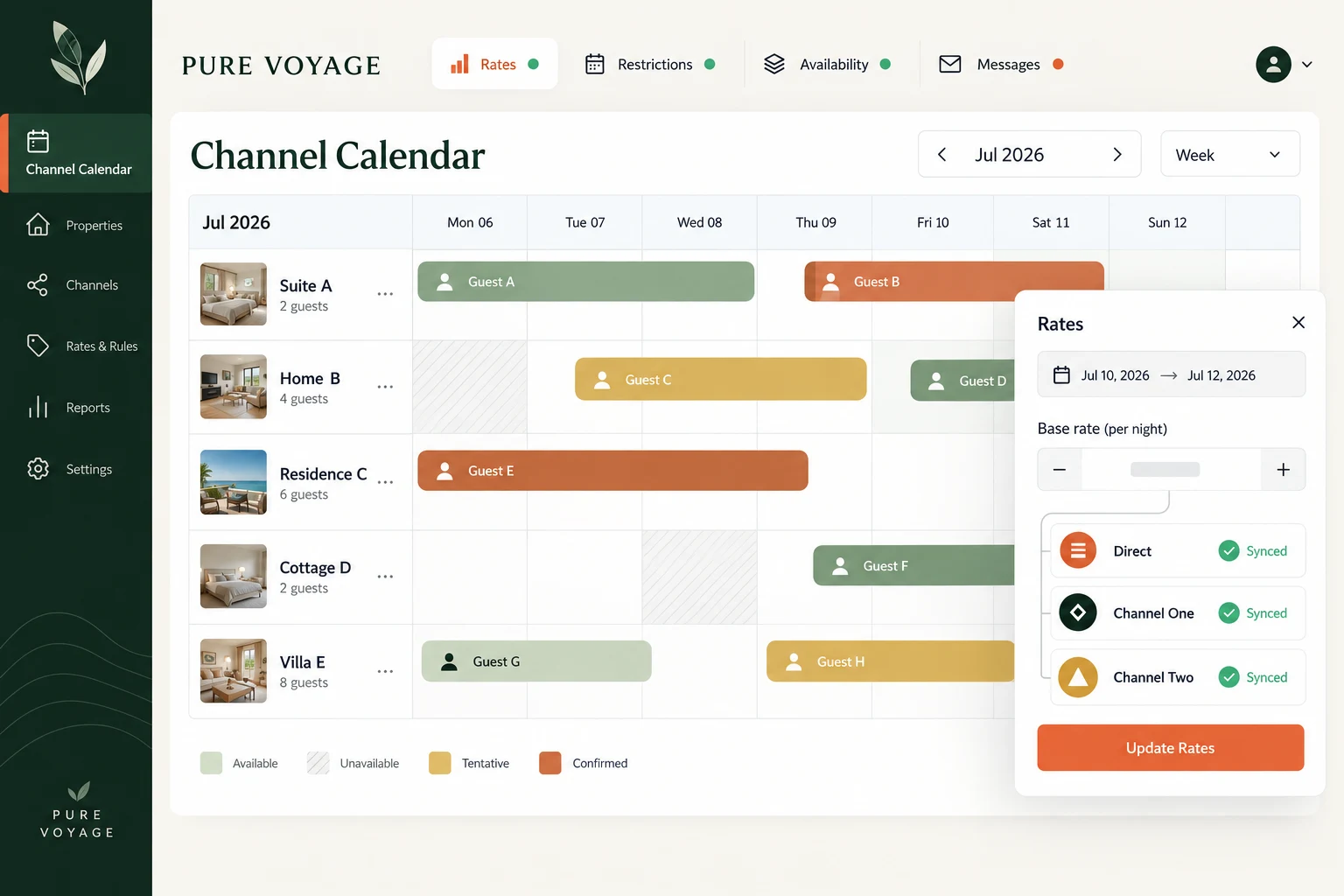 Pure Voyage channel management screen showing a multi-property calendar, rates, availability and synchronized distribution channels