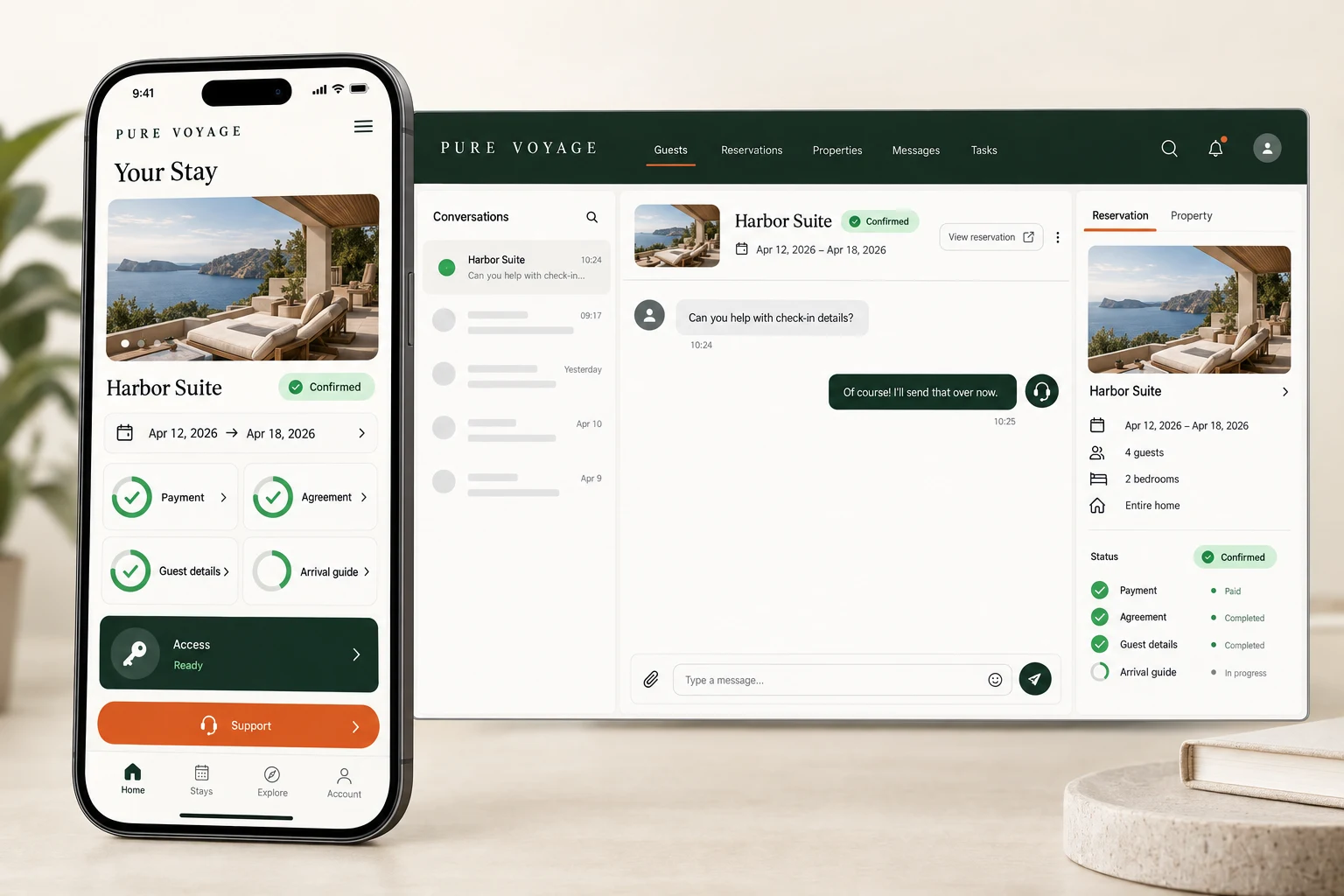Pure Voyage Stay portal showing reservation details, payment, agreement, arrival guide, access and connected guest support
